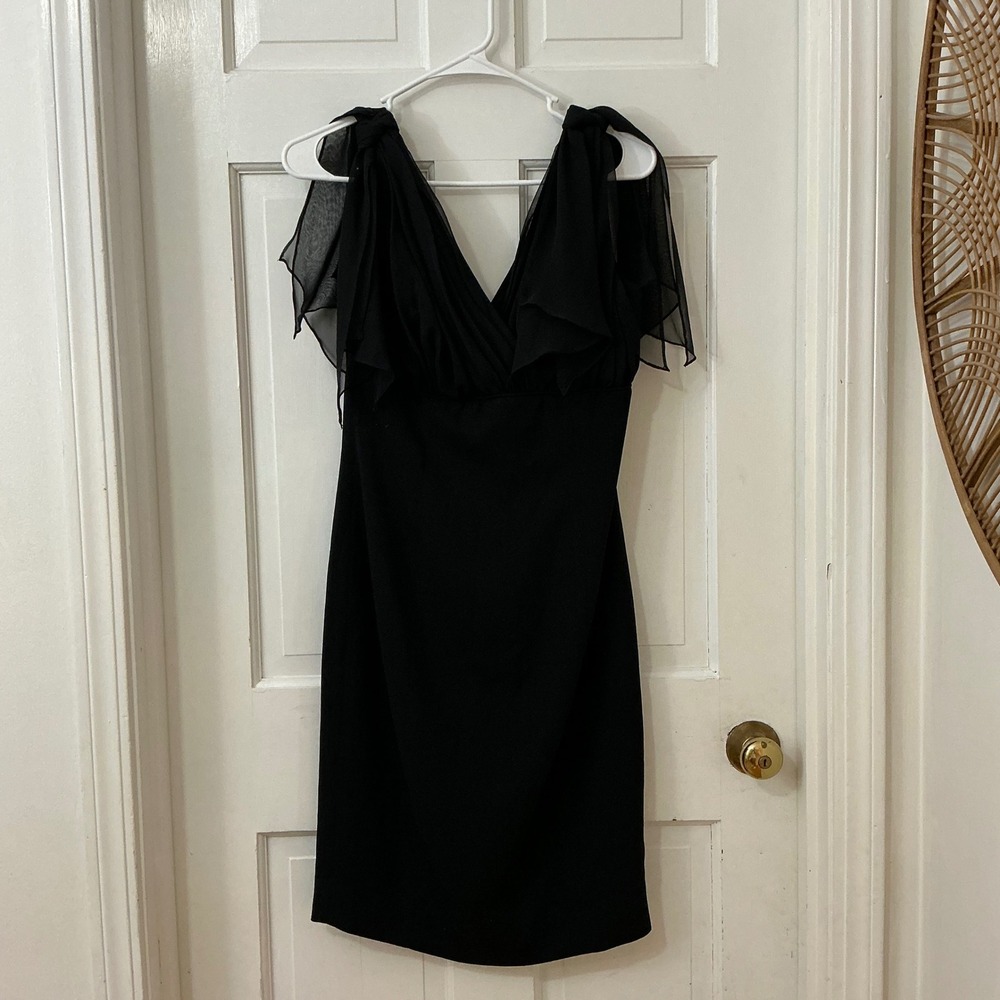 Morton Myles Black Cocktail Dress 4 Black Chiffon Flutter Sleeve VTG LBD Formal